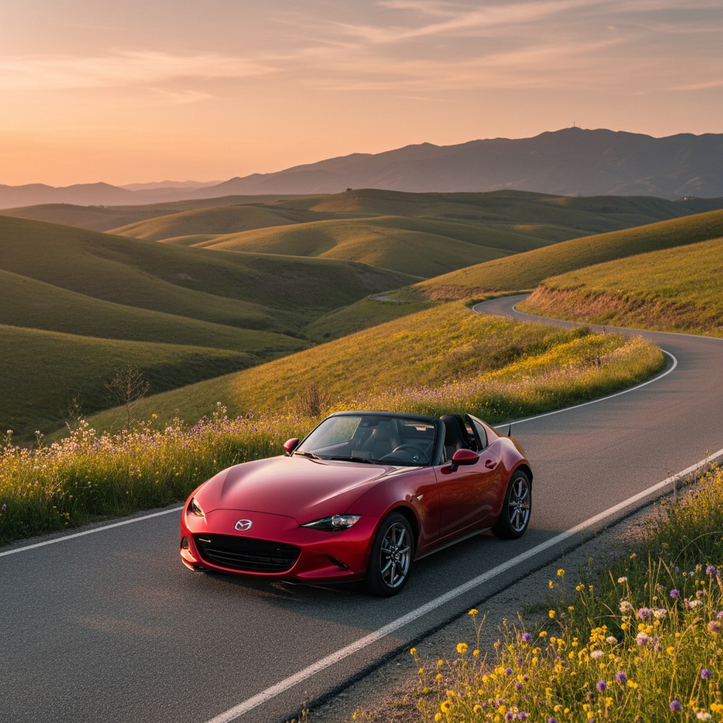 A red Mazda MX-5 Miata drives along a winding asphalt road through rolling green hills at sunset.