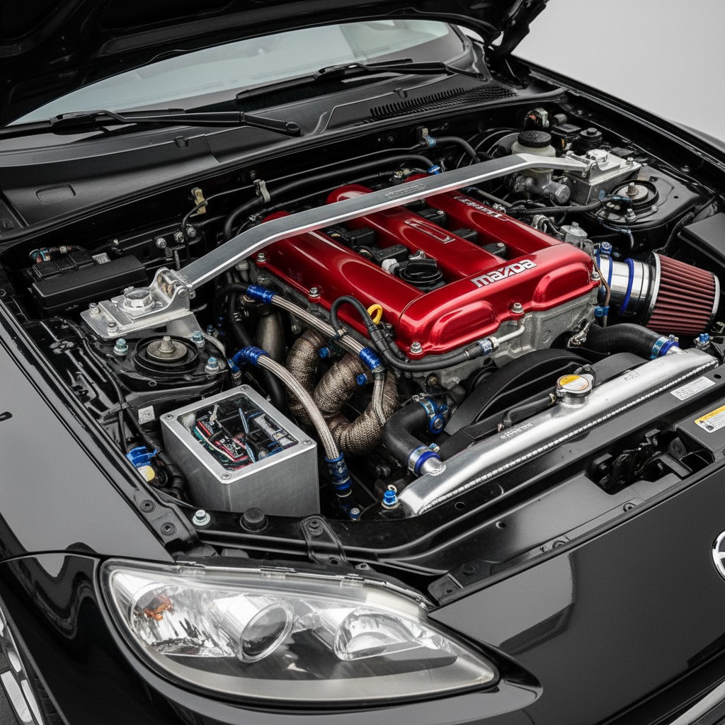 Under the hood of a black car, a shiny red Mazda valve cover sits prominently amid various mechanical components and a silver strut bar.