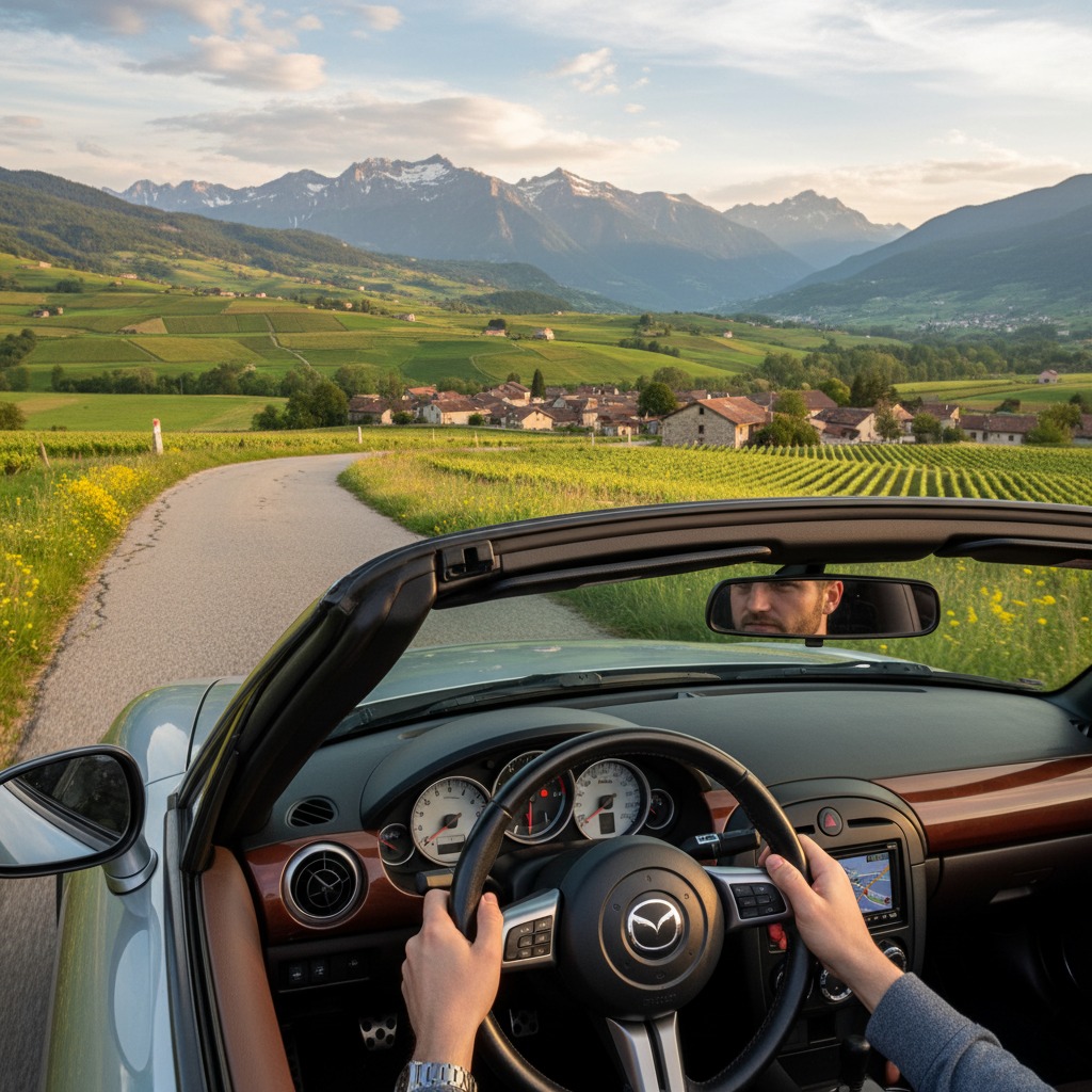 A driver's view from inside a convertible car traveling along a winding rural road toward a mountain village at sunset.