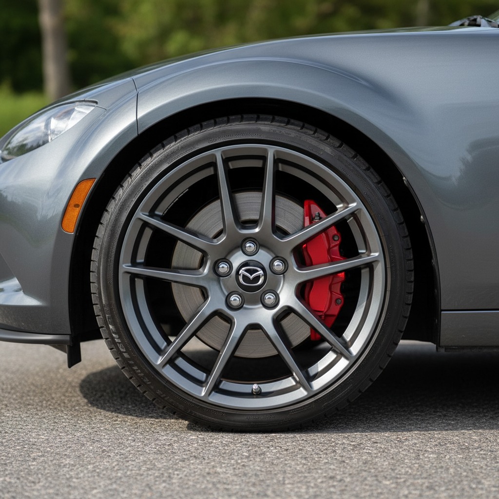 A close-up shot of the front wheel and body of a gray sports car, showing the multi-spoke rim, red brake caliper, and Mazda logo.